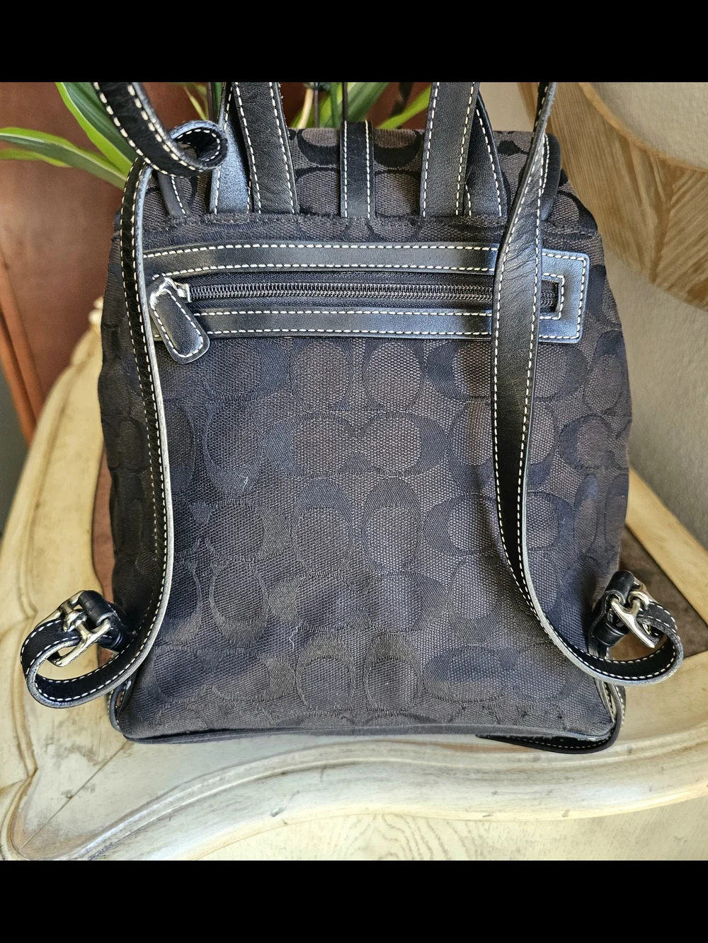 Vintage Coach Signature Canvas Drawstring Backpack Black Leather Trim Monogram
